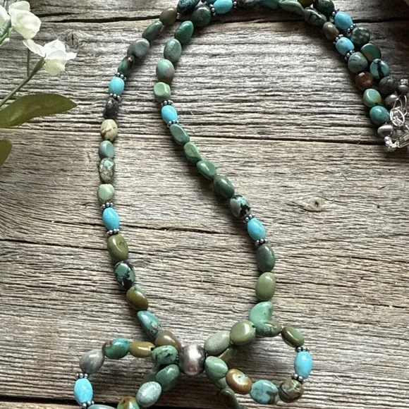 Bow Blue Green Turquoise Sterling Silver Pearls Bead Necklace. 18 Inch. Gift